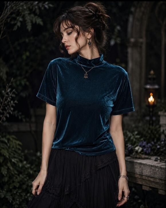 White Stag Tops - Vtg White Stag L Deep Teal Velvet Mock Neck Top Y2K Whimsigoth Academia Fairy‎